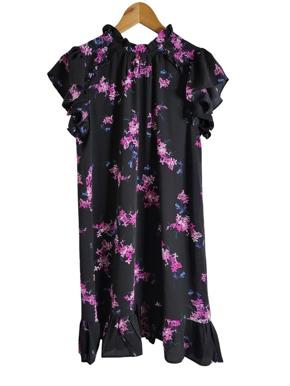 Cece Black And Pink Floral Ruffled Flutter Sleeve Shift Dress Size Medium
